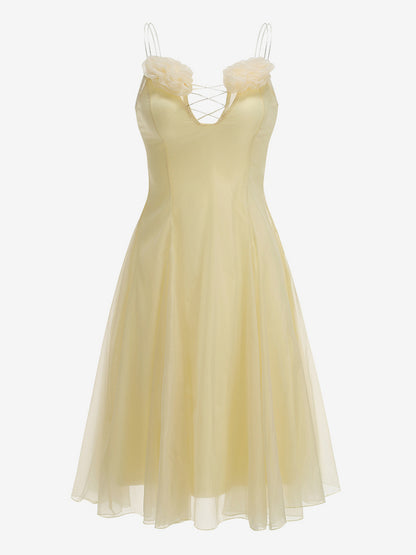 3D Floral A-Line Sheer Midi Dress For Women - Butter Yellow Fairycore V-Neck Slip Dress - Summer Beach Date Night 2026