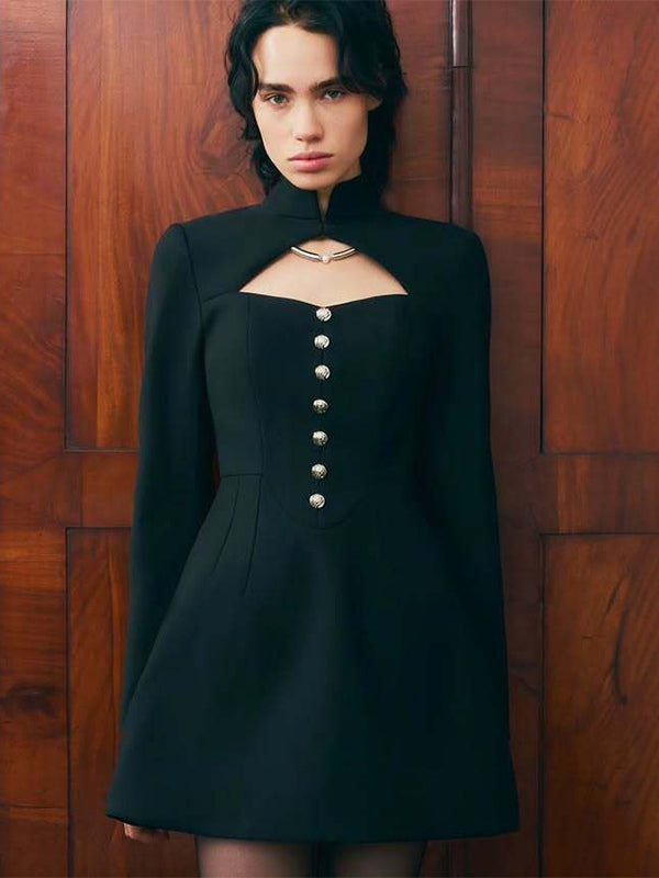 Cutout Long Sleeve Mini Dress For Women - Mock Neck Button Detail Dress - Spring Date Night Party 2026