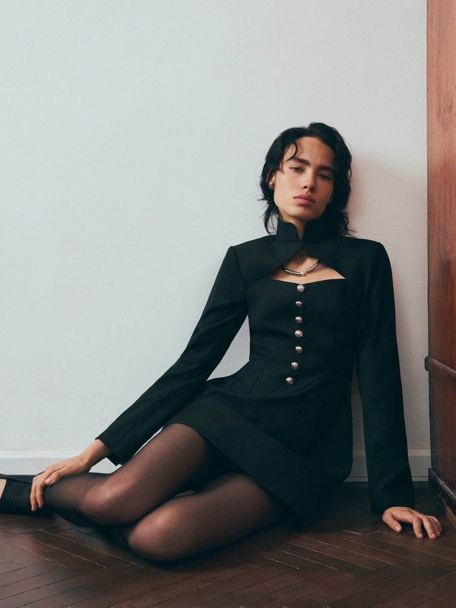 Cutout Long Sleeve Mini Dress For Women - Mock Neck Button Detail Dress - Spring Date Night Party 2026