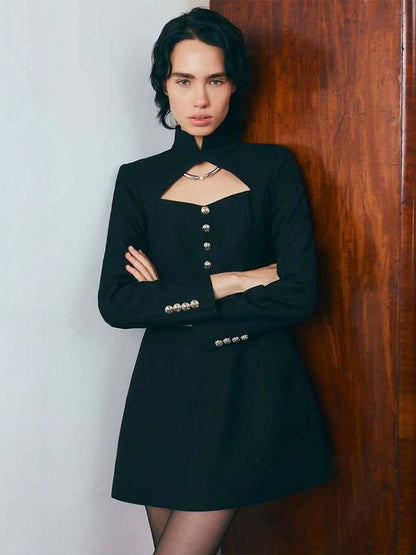 Cutout Long Sleeve Mini Dress For Women - Mock Neck Button Detail Dress - Spring Date Night Party 2026