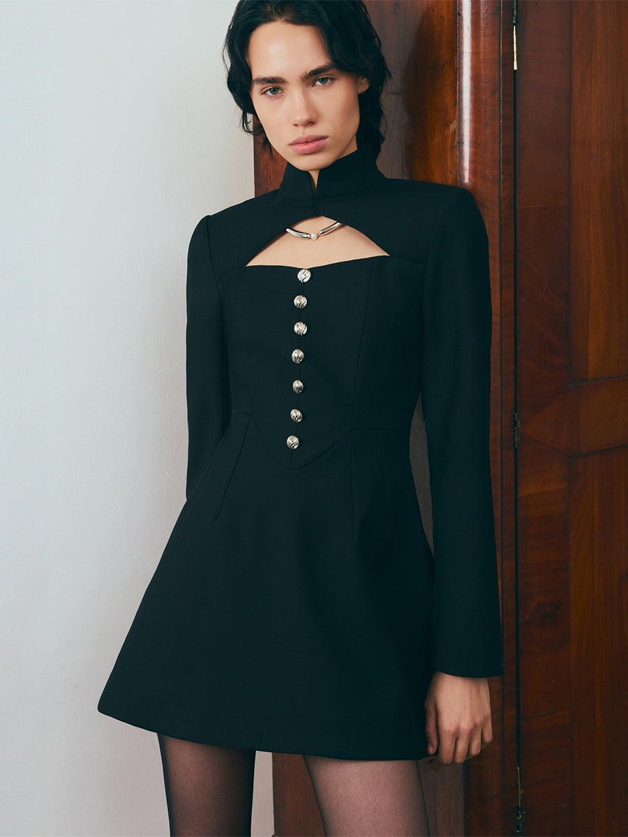 Cutout Long Sleeve Mini Dress For Women - Mock Neck Button Detail Dress - Spring Date Night Party 2026