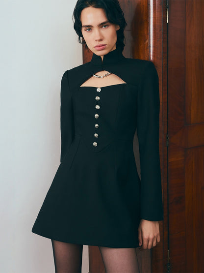 Cutout Long Sleeve Mini Dress For Women - Mock Neck Button Detail Dress - Spring Date Night Party 2026