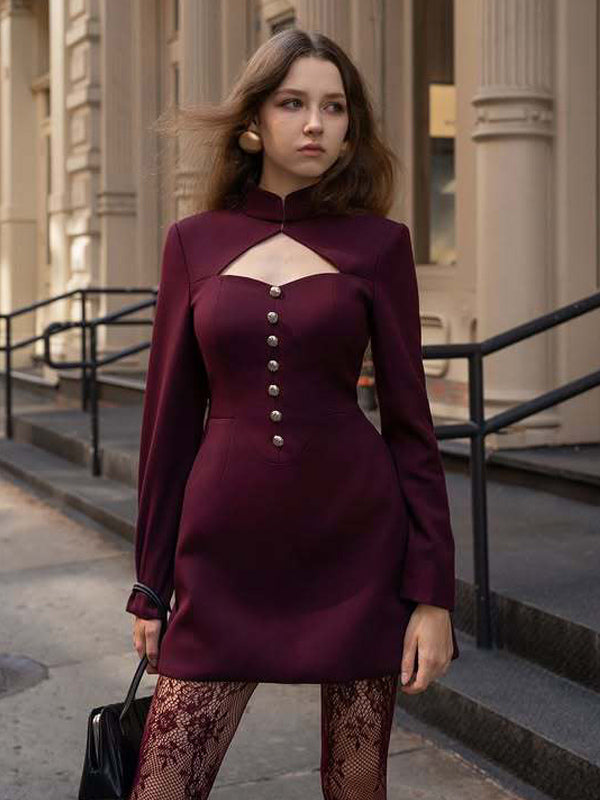 Cutout Long Sleeve Mini Dress For Women - Mock Neck Button Detail Dress - Spring Date Night Party 2026