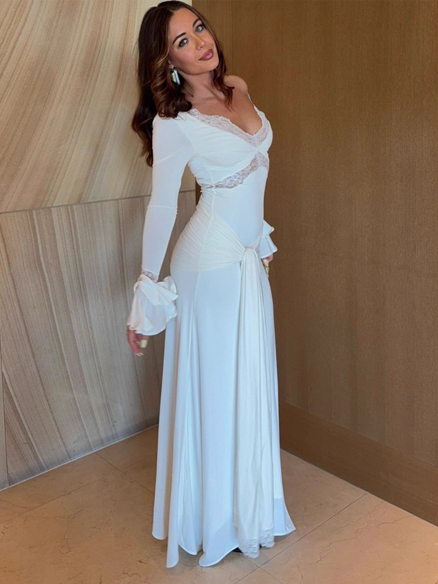 Lace Trim V Neck Maxi Dress For Women - White Boho Long Sleeve Trumpet Cuff Bodycon Gown - Spring Beach Bridal Party 2026
