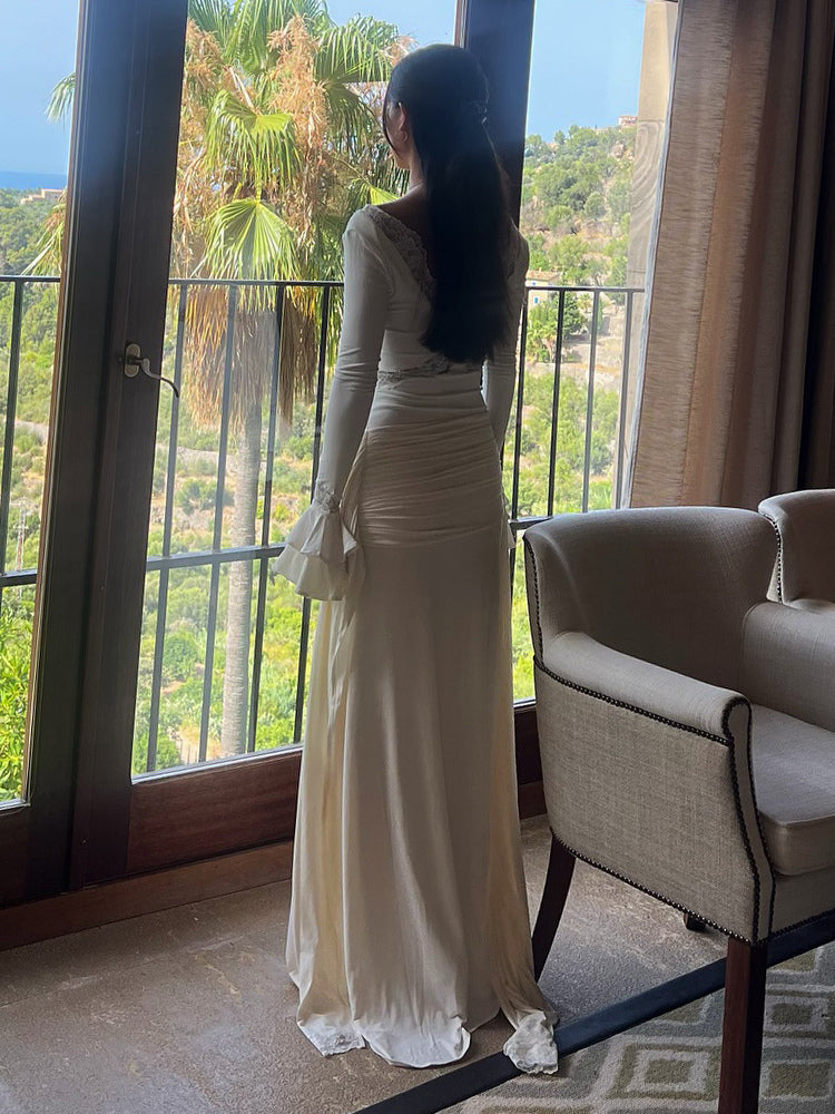 Lace Trim V Neck Maxi Dress For Women - White Boho Long Sleeve Trumpet Cuff Bodycon Gown - Spring Beach Bridal Party 2026