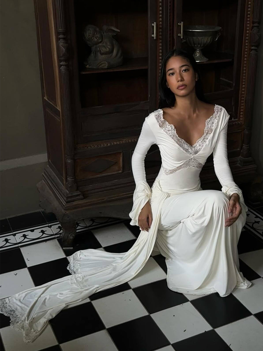 Lace Trim V Neck Maxi Dress For Women - White Boho Long Sleeve Trumpet Cuff Bodycon Gown - Spring Beach Bridal Party 2026