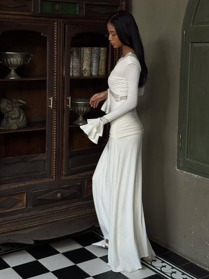Lace Trim V Neck Maxi Dress For Women - White Boho Long Sleeve Trumpet Cuff Bodycon Gown - Spring Beach Bridal Party 2026