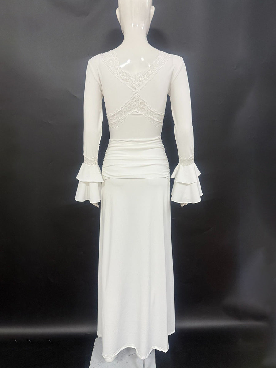 Lace Trim V Neck Maxi Dress For Women - White Boho Long Sleeve Trumpet Cuff Bodycon Gown - Spring Beach Bridal Party 2026