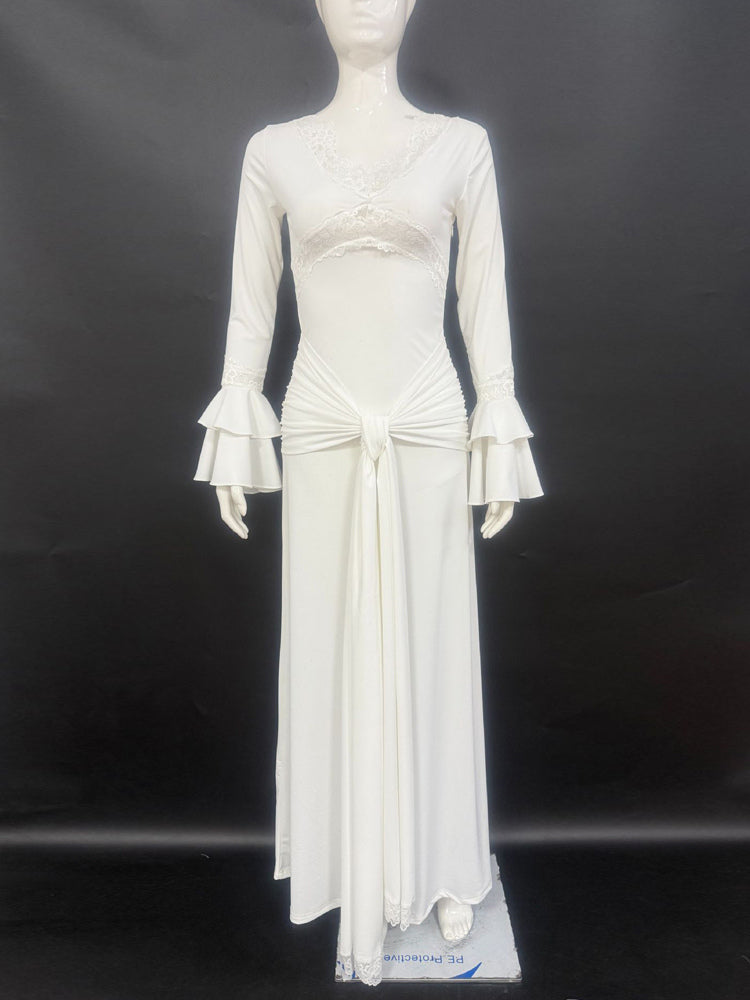 Lace Trim V Neck Maxi Dress For Women - White Boho Long Sleeve Trumpet Cuff Bodycon Gown - Spring Beach Bridal Party 2026