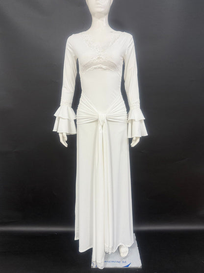 Lace Trim V Neck Maxi Dress For Women - White Boho Long Sleeve Trumpet Cuff Bodycon Gown - Spring Beach Bridal Party 2026