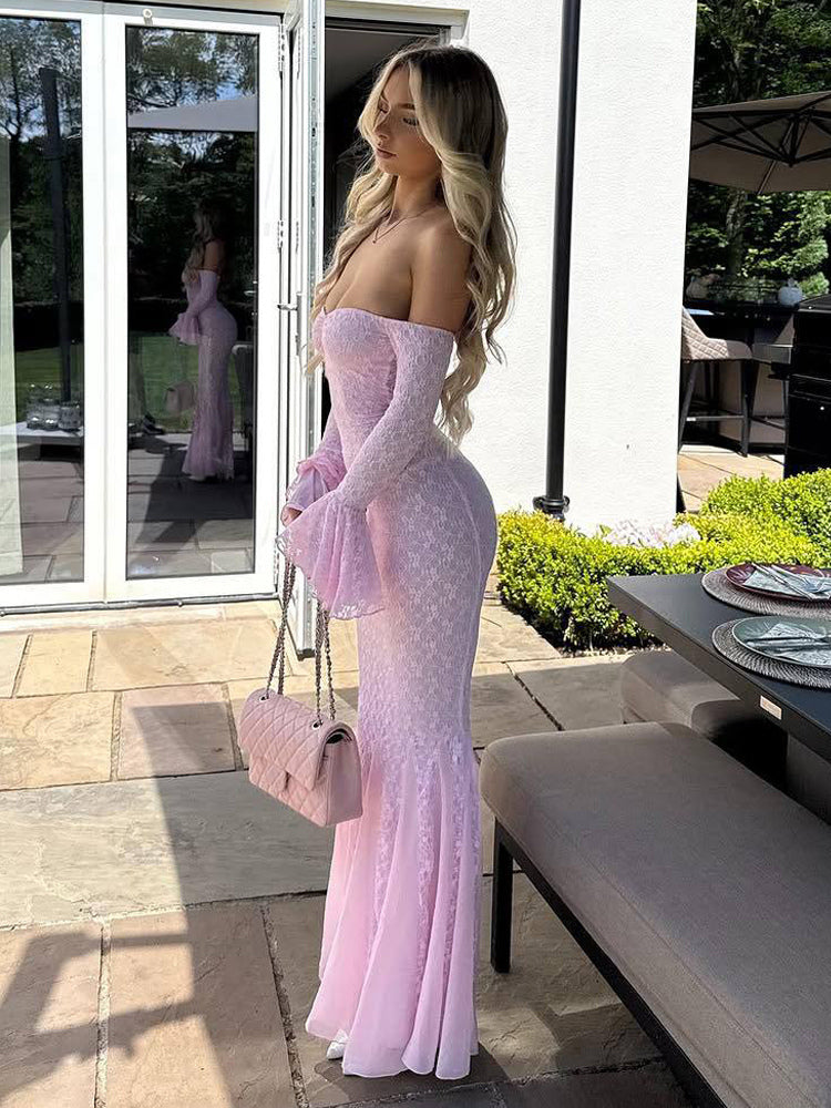 Lace Off Shoulder Maxi Dress For Women - Elegant Trumpet Long Sleeves Mermaid Gown - Spring Formal Evening Party 2026
