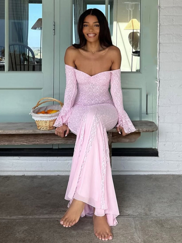 Lace Off Shoulder Maxi Dress For Women - Elegant Trumpet Long Sleeves Mermaid Gown - Spring Formal Evening Party 2026