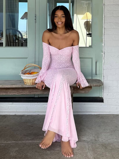 Lace Off Shoulder Maxi Dress For Women - Elegant Trumpet Long Sleeves Mermaid Gown - Spring Formal Evening Party 2026