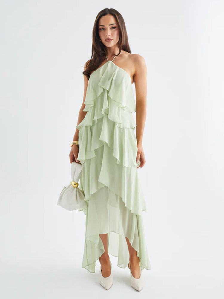 Halter Ruffle Maxi Dress For Women - Elegant Backless Tiered Chiffon High Low Sun Dress - Summer Date Night Outfit 2026