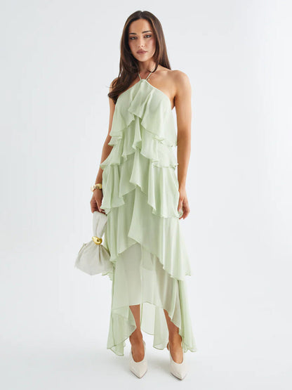 Halter Ruffle Maxi Dress For Women - Elegant Backless Tiered Chiffon High Low Sun Dress - Summer Date Night Outfit 2026