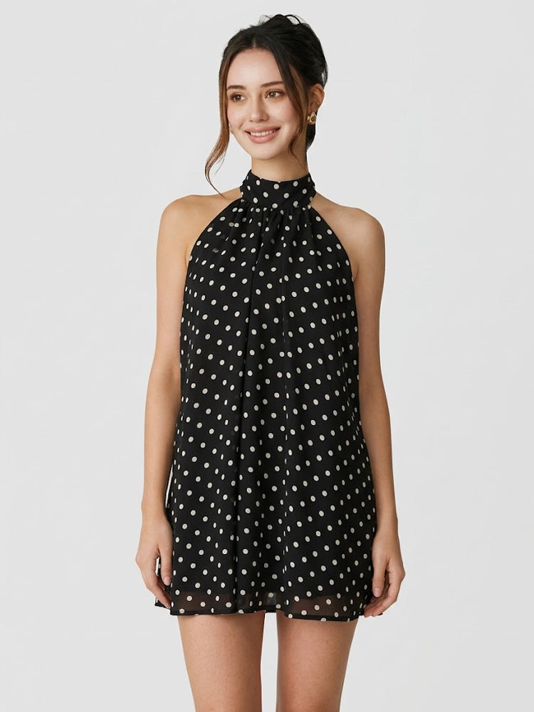 Halter Bubble Mini Dress For Women - Elegant Pleated Backless Loose Fit Chiffon Skater Dress - Summer Beach Vacation 2026