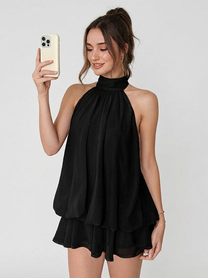 Halter Bubble Mini Dress For Women - Elegant Pleated Backless Loose Fit Chiffon Skater Dress - Summer Beach Vacation 2026