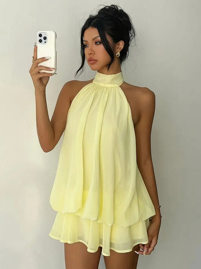 Halter Bubble Mini Dress For Women - Elegant Pleated Backless Loose Fit Chiffon Skater Dress - Summer Beach Vacation 2026
