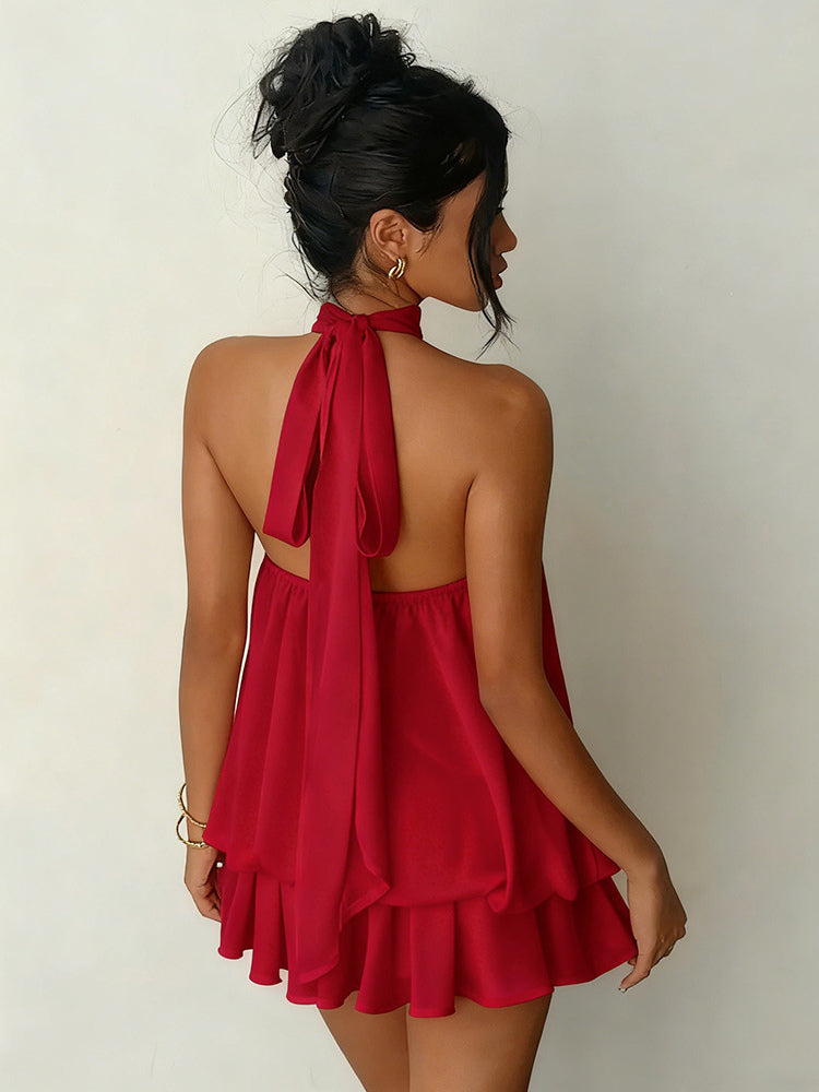 Halter Bubble Mini Dress For Women - Elegant Pleated Backless Loose Fit Chiffon Skater Dress - Summer Beach Vacation 2026