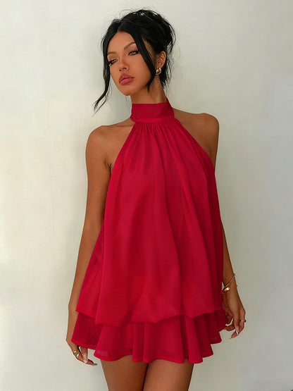 Halter Bubble Mini Dress For Women - Elegant Pleated Backless Loose Fit Chiffon Skater Dress - Summer Beach Vacation 2026