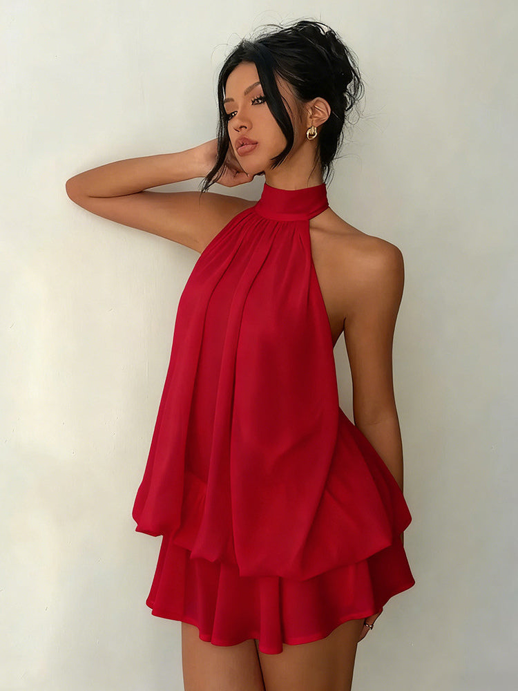 Halter Bubble Mini Dress For Women - Elegant Pleated Backless Loose Fit Chiffon Skater Dress - Summer Beach Vacation 2026