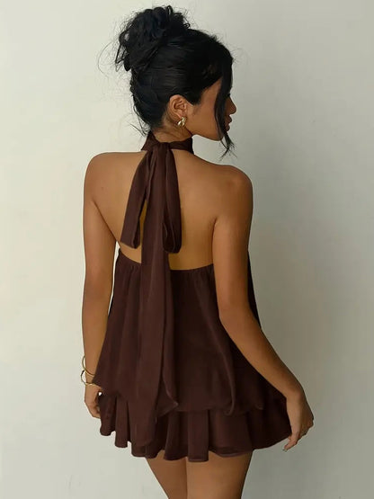 Halter Bubble Mini Dress For Women - Elegant Pleated Backless Loose Fit Chiffon Skater Dress - Summer Beach Vacation 2026