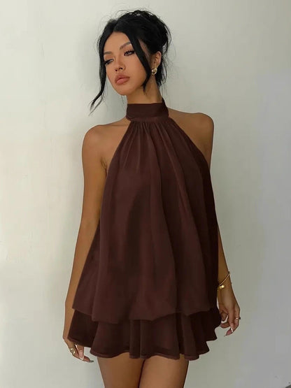 Halter Bubble Mini Dress For Women - Elegant Pleated Backless Loose Fit Chiffon Skater Dress - Summer Beach Vacation 2026