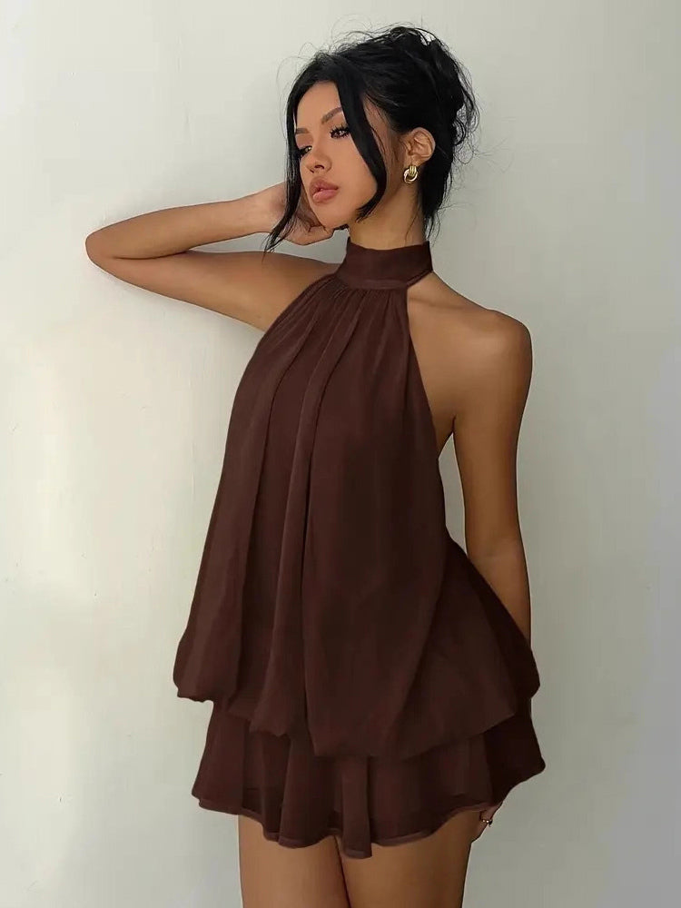 Halter Bubble Mini Dress For Women - Elegant Pleated Backless Loose Fit Chiffon Skater Dress - Summer Beach Vacation 2026