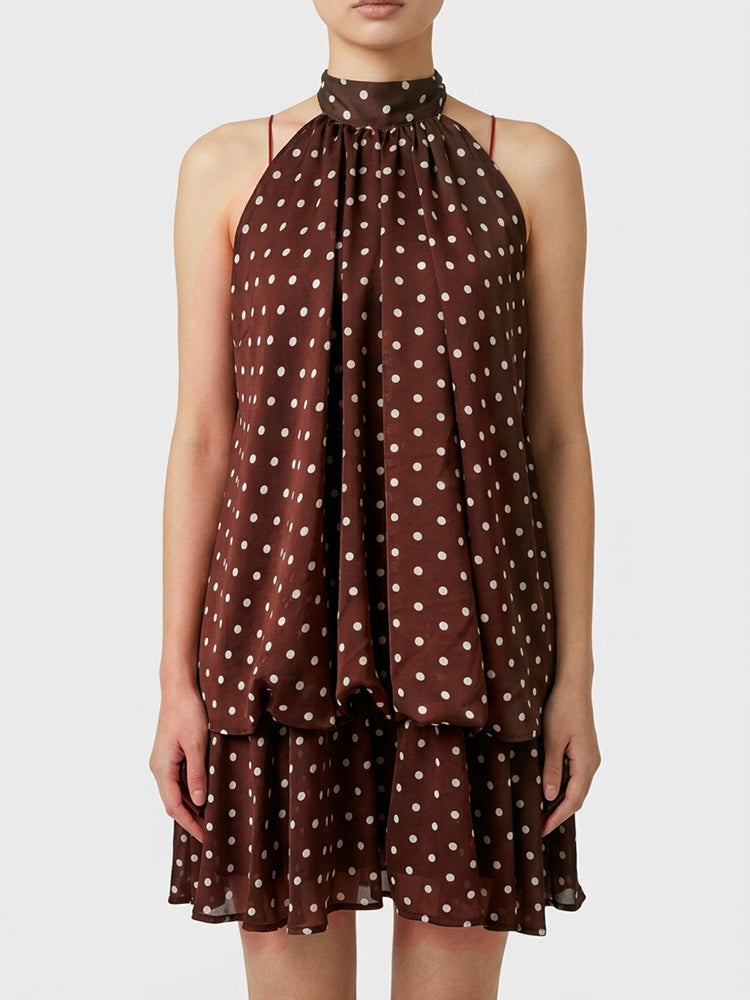 Halter Bubble Mini Dress For Women - Elegant Pleated Backless Loose Fit Chiffon Skater Dress - Summer Beach Vacation 2026