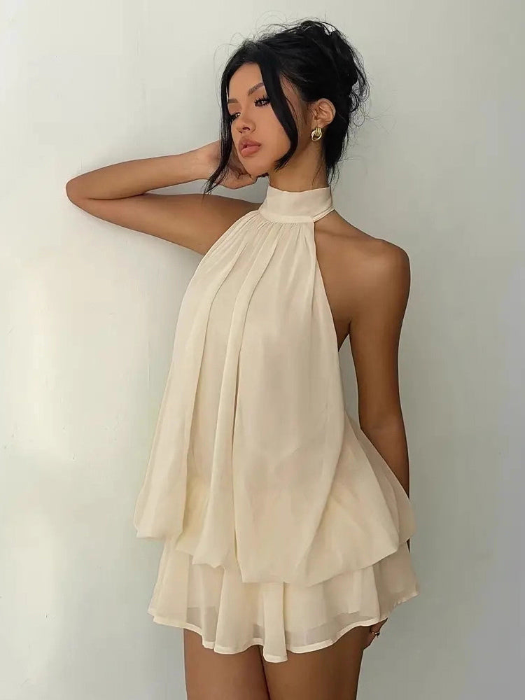 Halter Bubble Mini Dress For Women - Elegant Pleated Backless Loose Fit Chiffon Skater Dress - Summer Beach Vacation 2026