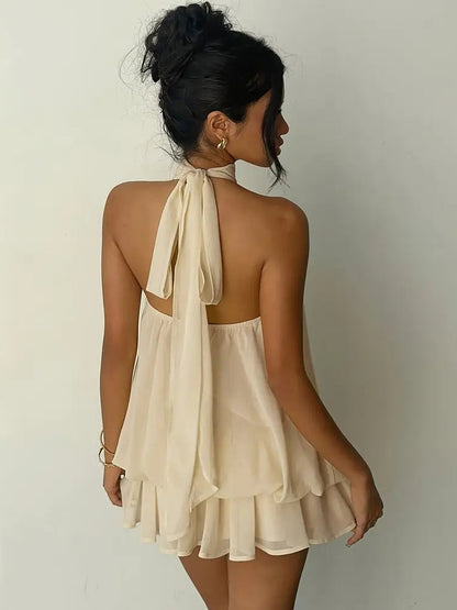 Halter Bubble Mini Dress For Women - Elegant Pleated Backless Loose Fit Chiffon Skater Dress - Summer Beach Vacation 2026