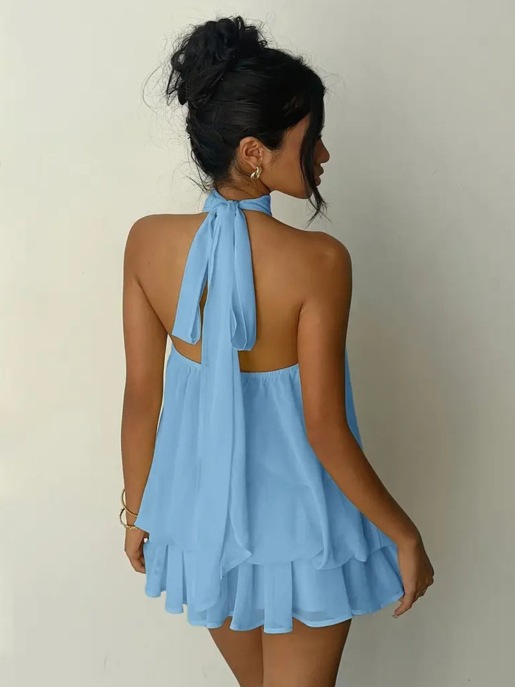 Halter Bubble Mini Dress For Women - Elegant Pleated Backless Loose Fit Chiffon Skater Dress - Summer Beach Vacation 2026