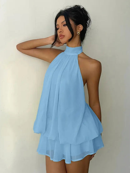 Halter Bubble Mini Dress For Women - Elegant Pleated Backless Loose Fit Chiffon Skater Dress - Summer Beach Vacation 2026