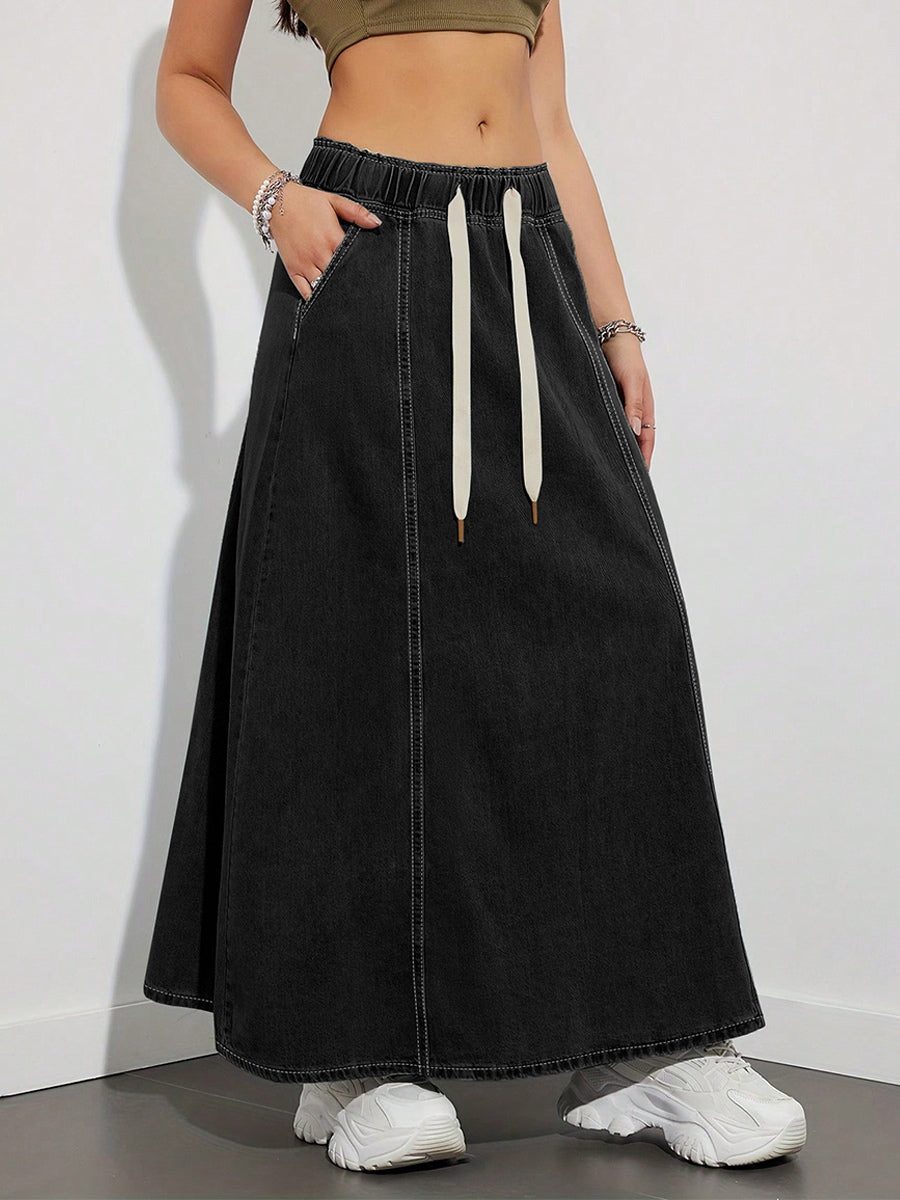 Drawstring Waist Denim Maxi Skirt For Women - Casual A-Line Flare Long Skirt With Pockets - Spring Holiday 2026