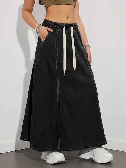 Drawstring Waist Denim Maxi Skirt For Women - Casual A-Line Flare Long Skirt With Pockets - Spring Holiday 2026