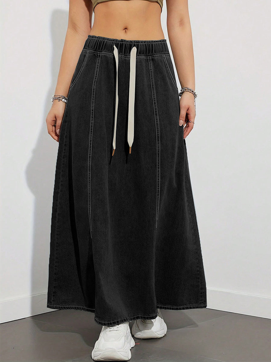 Drawstring Waist Denim Maxi Skirt For Women - Casual A-Line Flare Long Skirt With Pockets - Spring Holiday 2026