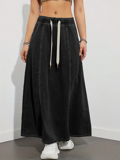 Drawstring Waist Denim Maxi Skirt For Women - Casual A-Line Flare Long Skirt With Pockets - Spring Holiday 2026