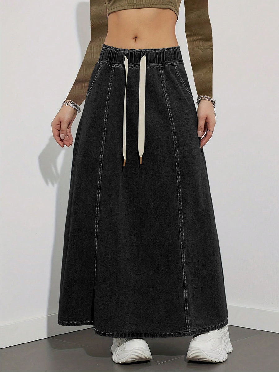 Drawstring Waist Denim Maxi Skirt For Women - Casual A-Line Flare Long Skirt With Pockets - Spring Holiday 2026