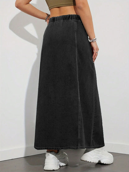 Drawstring Waist Denim Maxi Skirt For Women - Casual A-Line Flare Long Skirt With Pockets - Spring Holiday 2026