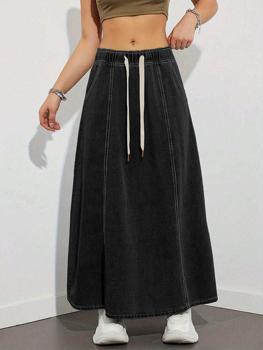 Drawstring Waist Denim Maxi Skirt For Women - Casual A-Line Flare Long Skirt With Pockets - Spring Holiday 2026
