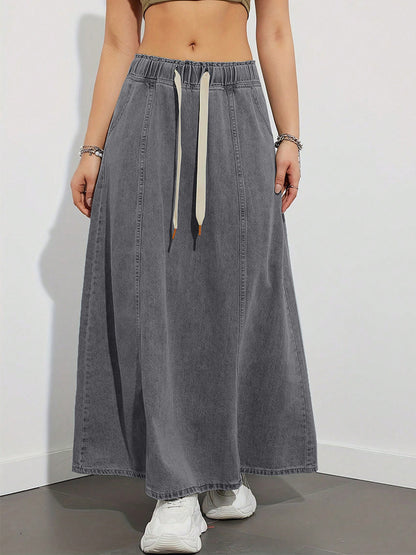 Drawstring Waist Denim Maxi Skirt For Women - Casual A-Line Flare Long Skirt With Pockets - Spring Holiday 2026