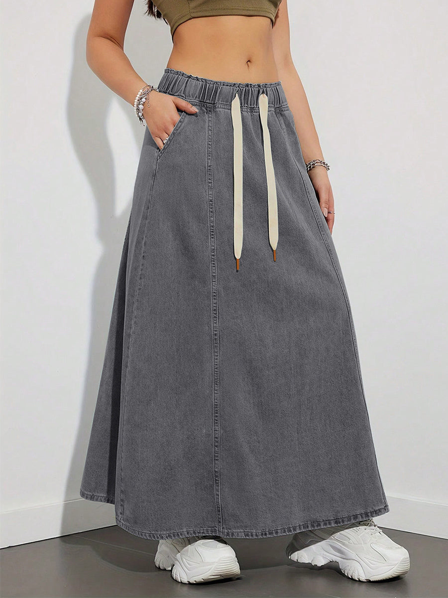 Drawstring Waist Denim Maxi Skirt For Women - Casual A-Line Flare Long Skirt With Pockets - Spring Holiday 2026