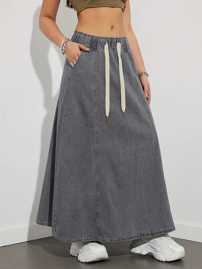 Drawstring Waist Denim Maxi Skirt For Women - Casual A-Line Flare Long Skirt With Pockets - Spring Holiday 2026
