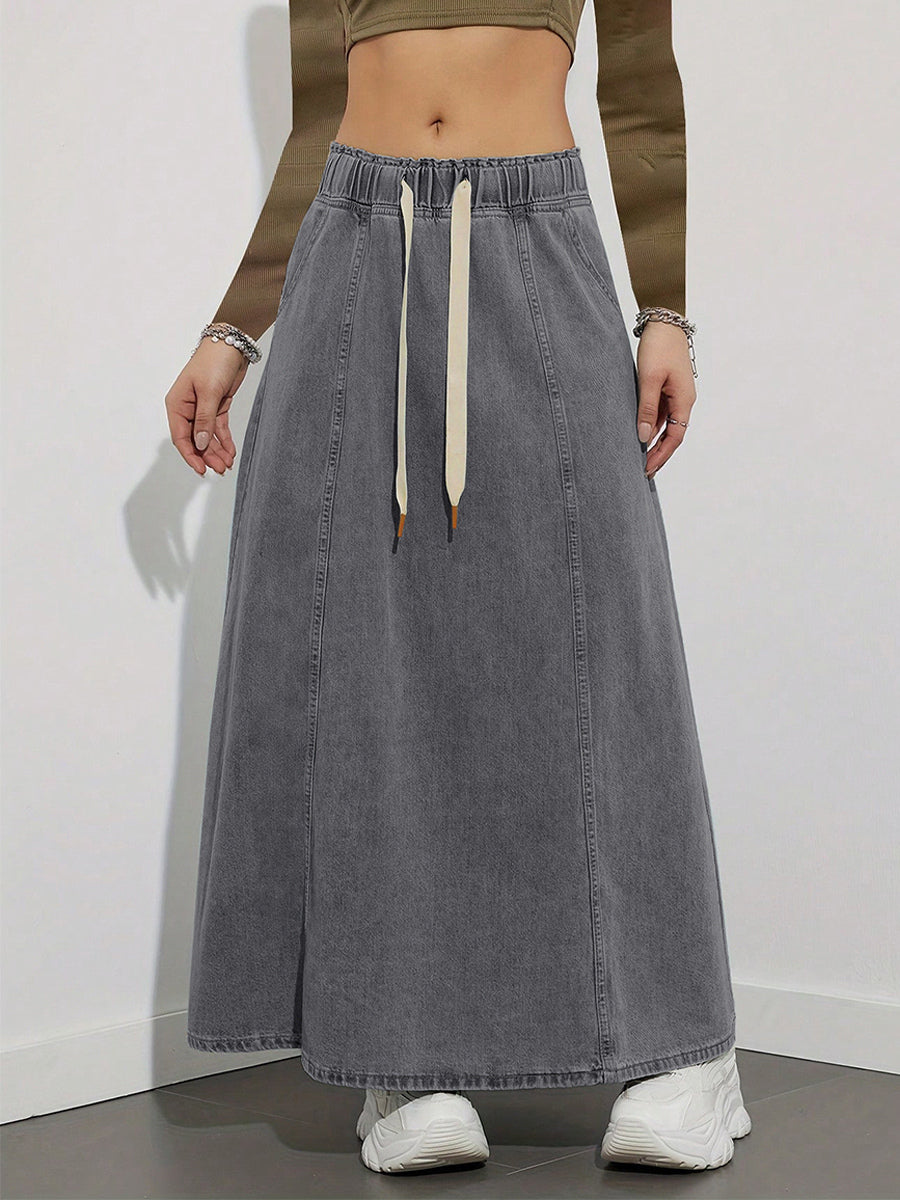 Drawstring Waist Denim Maxi Skirt For Women - Casual A-Line Flare Long Skirt With Pockets - Spring Holiday 2026