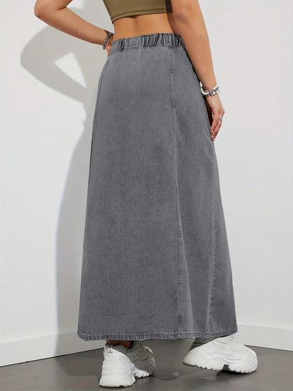 Drawstring Waist Denim Maxi Skirt For Women - Casual A-Line Flare Long Skirt With Pockets - Spring Holiday 2026