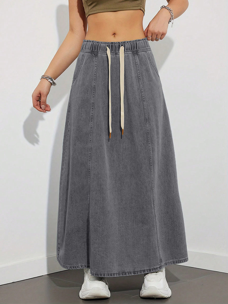 Drawstring Waist Denim Maxi Skirt For Women - Casual A-Line Flare Long Skirt With Pockets - Spring Holiday 2026