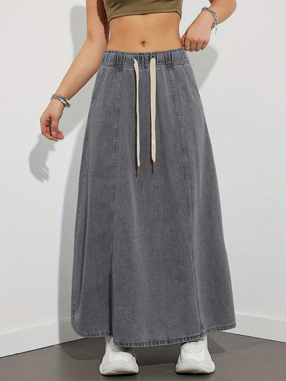 Drawstring Waist Denim Maxi Skirt For Women - Casual A-Line Flare Long Skirt With Pockets - Spring Holiday 2026