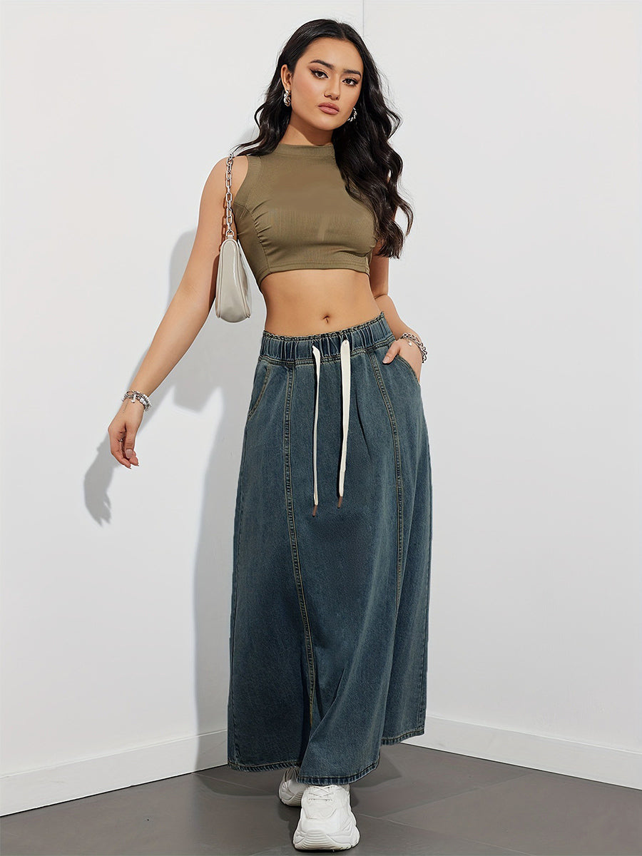Drawstring Waist Denim Maxi Skirt For Women - Casual A-Line Flare Long Skirt With Pockets - Spring Holiday 2026