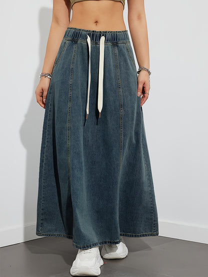 Drawstring Waist Denim Maxi Skirt For Women - Casual A-Line Flare Long Skirt With Pockets - Spring Holiday 2026