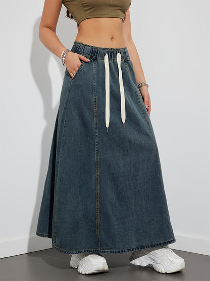 Drawstring Waist Denim Maxi Skirt For Women - Casual A-Line Flare Long Skirt With Pockets - Spring Holiday 2026